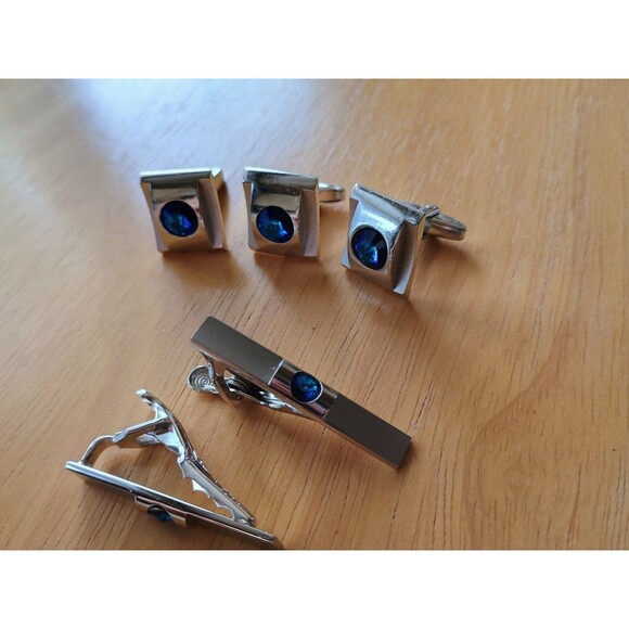 Set Of Three Foster Silver Cufflinks With 2 Matching Tie Pins With Deep Blue - Picture 2 of 6